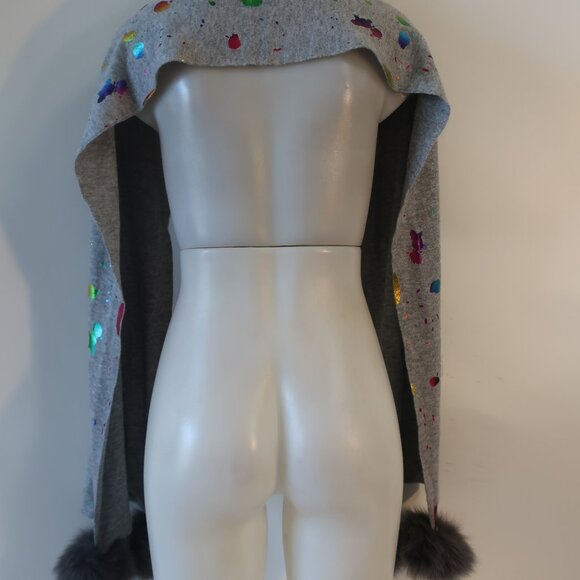 NWT Womens Tina Demel Gray Paint Splash Scarf W/Gray Fox Fur Ball - Picture 5 of 7